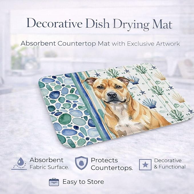 Caroline's Treasures Fawn Staffordshire Bull Terrier Coastal Sea Glass Dish Drying Mat Absorbent Dish Drying Mat Pad for Kitchen Counter Dish Drainer Mat for Countertop 14 x 21 Multicolor