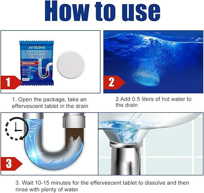Drain Unclogging Tablets - Rapid Pipe Clearing &amp Odor Eliminator Dissolve Hair Grease &amp Debris Prevent Blockages &amp Eliminate Bad Smells in 30 Minutes(10PCS)