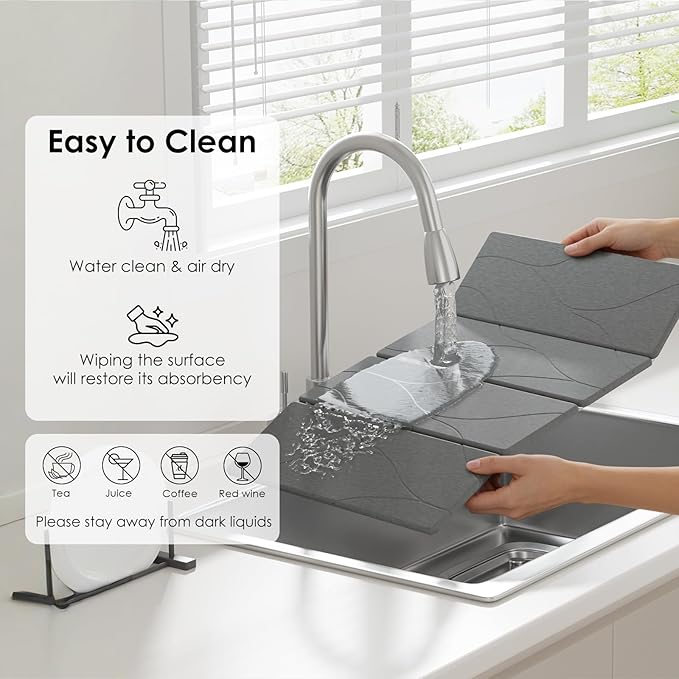 3 PCS Large Stone Dish Drying Mat for Kitchen Counter -24x16 Absorbent Diatomaceous Earth Mat with Stone Faucet Mat &amp Soap Tray - Quick Dry Collapsible Non-Slip Countertop Organizer