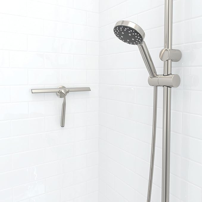 Better Living Deluxe XL Shower Squeegee Multi-Purpose Silicone Squeegee Blade with Storage Hook Rust-Proof Heavy Duty Window Glass Shower Scrubber Windshield Wiper 12 Brushed Nickel