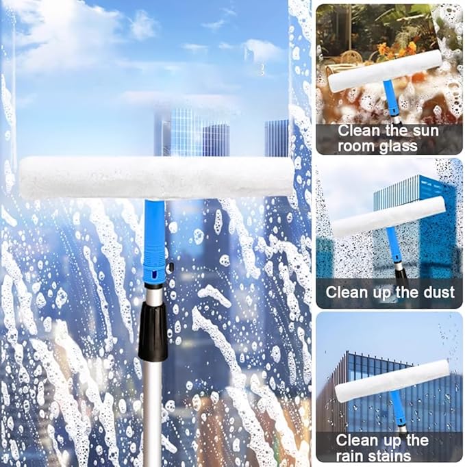 13.8-Inch High-Reach Window Wiper Set with 1.2-15M Aluminum Alloy Telescopic Cleaning Pole Professional Stainless Steel Glass Wiper Suitable for Residential/CommercialPole Length 7m
