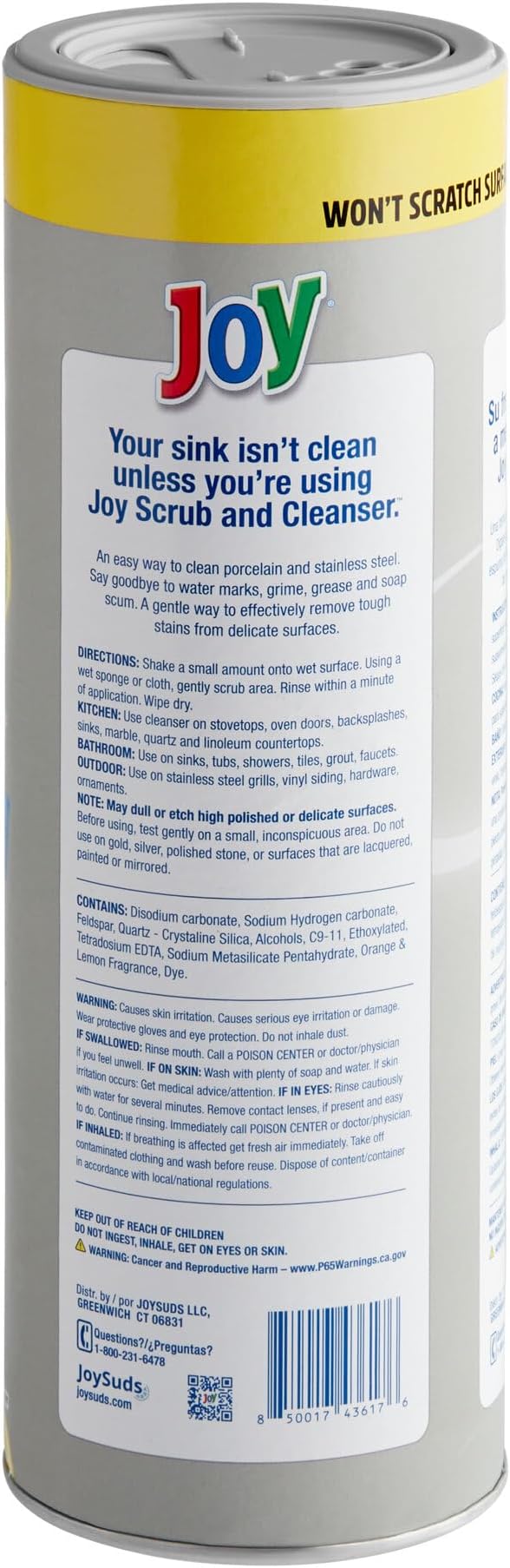 Joy Scrub Powder Cleanser Removes Tough Stains Water Marks Grime and Soap Scum 28 Oz Canisters (Pack of 2) bundled with Microfiber Cloth