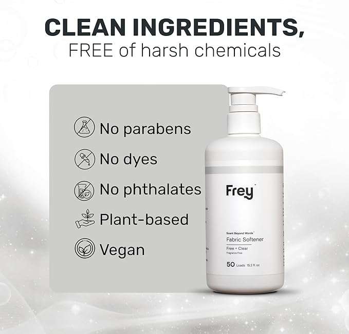 FREY Natural Liquid Fabric Softener &amp Conditioner | Laundry Softener for Clothing | Works In All Machines + HE | Powered by Natural Ingredients (1-pack Fragrance-free)