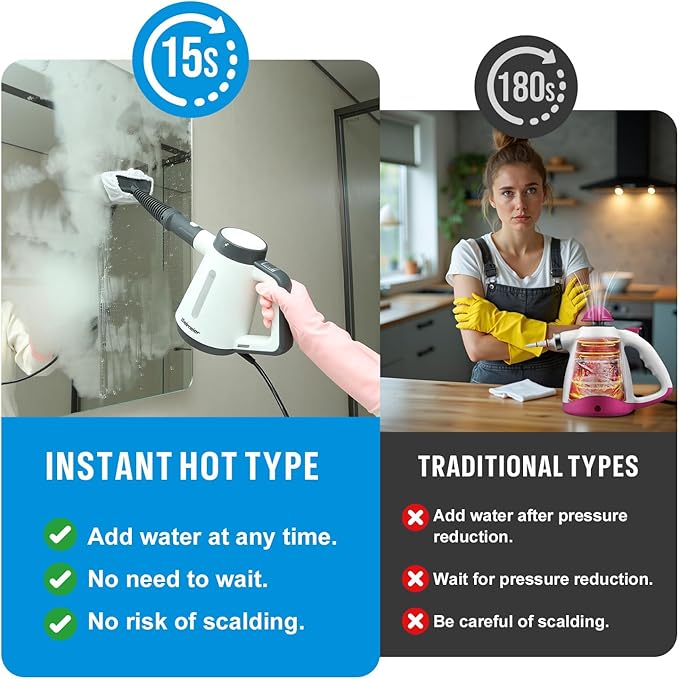 Bielmeier Handheld Pressurized Steam Cleaner - 15s Quick Start Multi-Functional for Home Kitchen Bathroom 8 Attachments Chemical-Free Safe &amp Efficient Cleaning Solution
