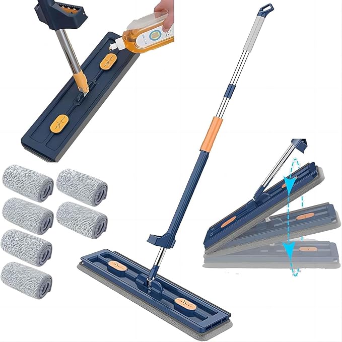 2024 Large Flat Mop360° Rotating MopAdjustable Stainless Steel Long Handle with 6 Washable Microfiber Pads for Floor Wet and Dry Cleaning with Dewatering Scraper 12027(Blue)