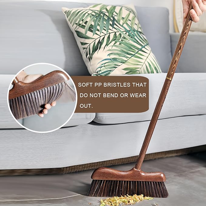 Wood Angle Broom – 44.8” Wooden Handle Compact Brooms for Indoor Kitchen – Soft PP Bristles Durable Sweeping Broom