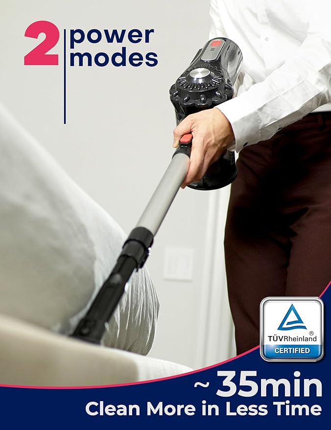 Roomie Tec StickVac Cordless Vacuum Cleaner for Home – 2200mAh Battery High Suction Power Lightweight &amp Self-Standing Design with HEPA Filter and LED Lights - for Floors Cars &amp Dorm Cleani