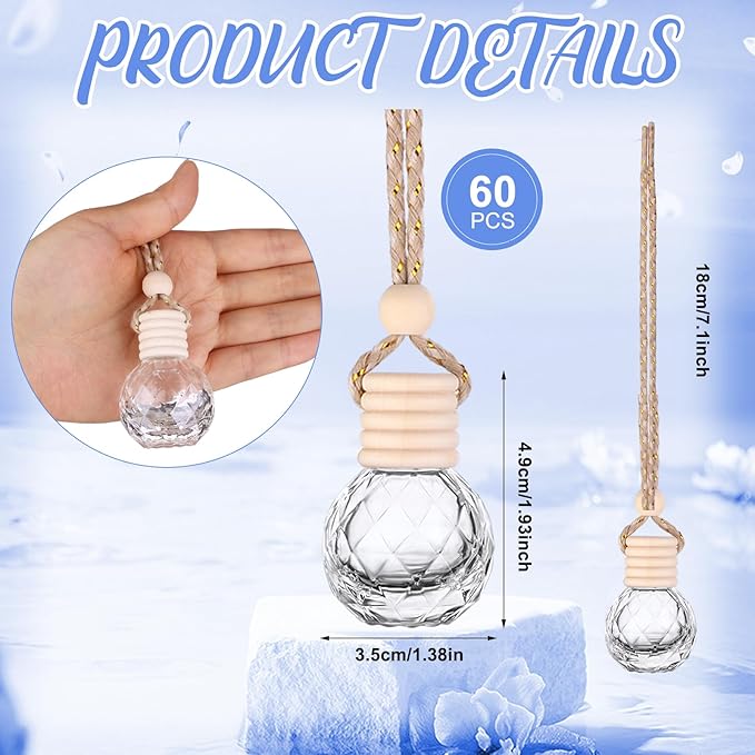 60 Pcs Hanging Car Air Freshener Car Diffuser Bottle Empty Glass Perfume Bottles Air Freshener Diffuser Bottle Pendant for Essential Oils Fragrance Aromatherapy Ornament Decor (Round Diamond)
