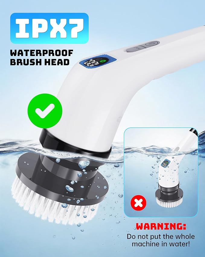 Electric Spin Scrubber IPX7 Shower Scrubber 7 Replaceable Brush Heads-90Mins Work Time 2-Speed Adjustable Bathroom Scrubber 3-Height Adjustable Handle Cordless Tub Scrubber for Bathtub Kitchen Glass