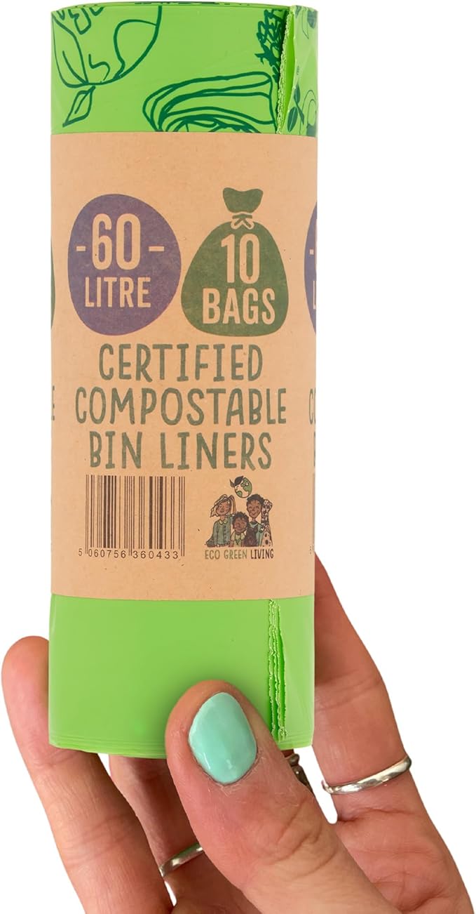Eco Green Living 60 Litre Compostable Bin Liners Plastic Free &amp Recyclable Tall Bin Bags for Food Waste Leak Resistant Small Bin Liners 87 x 114 cm - Six Pack (60 Bags)