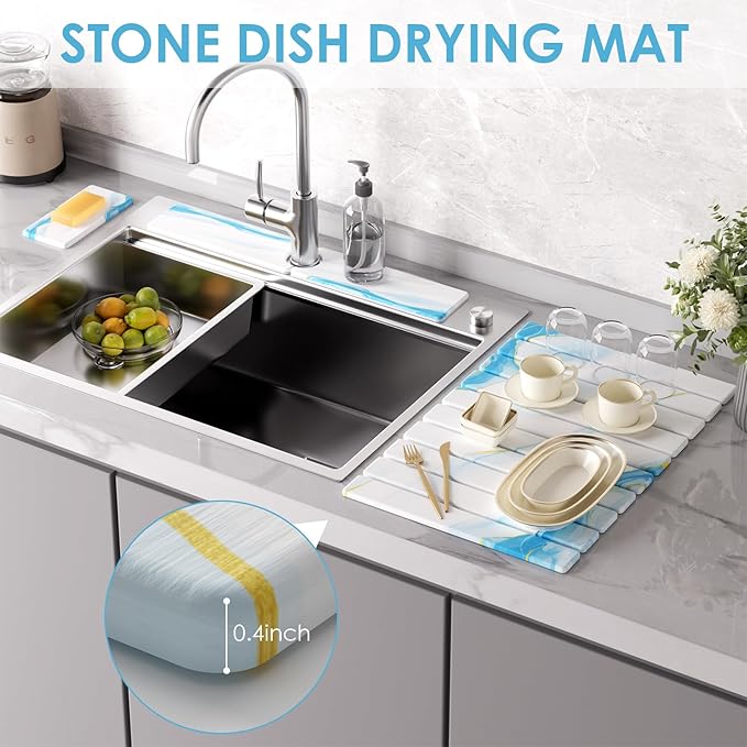 Stone Dish Drying Mat for Kitchen Counter 4-Piece Set with Diatomaceous Earth Dish Drying Mat Stone Faucet Mat and Small Drying Mat Super Absorbent Quick Dry for Dishes Cups Bottles