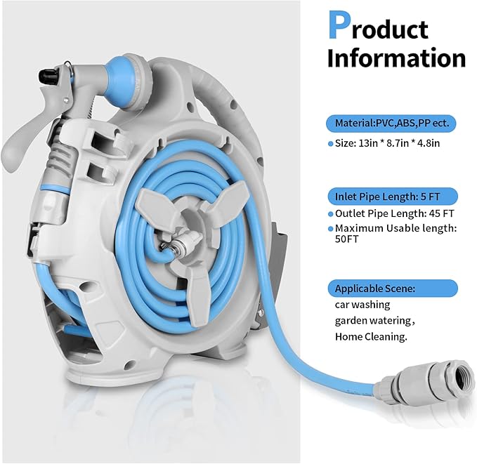 Garden Retractable Hose Reel Portable Simple Home Hose Reel 45+5 FT with 7 Patterns Spray Nozzle Wall Mounted and Any Length Lock for Garden Watering Car Washing Pet (Blue)