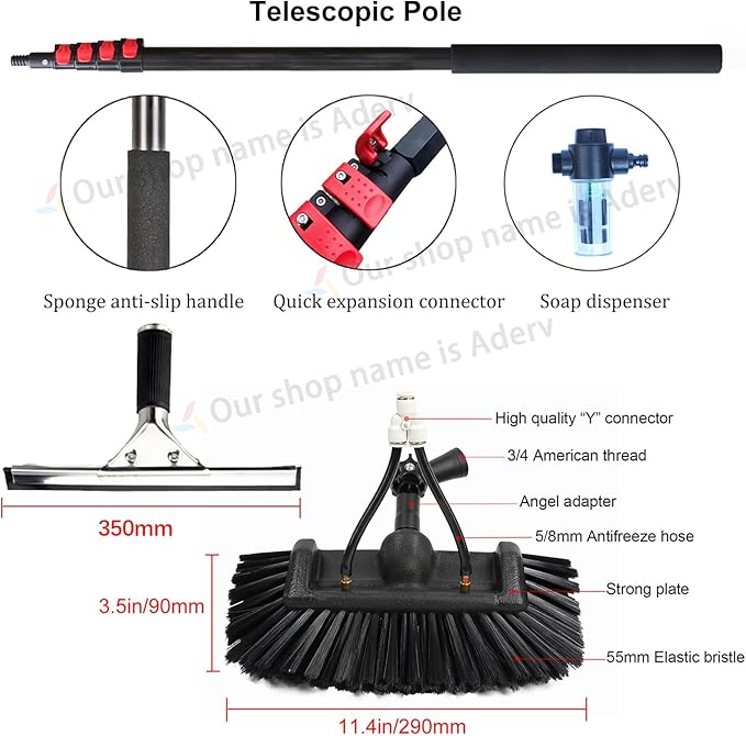 3.6-10.8M Window Cleaning Telescopic PoleWater Fed Extendable BrushSuitable for Cleaner Conservatory Roof Photovoltaic Panel Cleaning Extendable Solar Panel Roof Cleaning Tools (