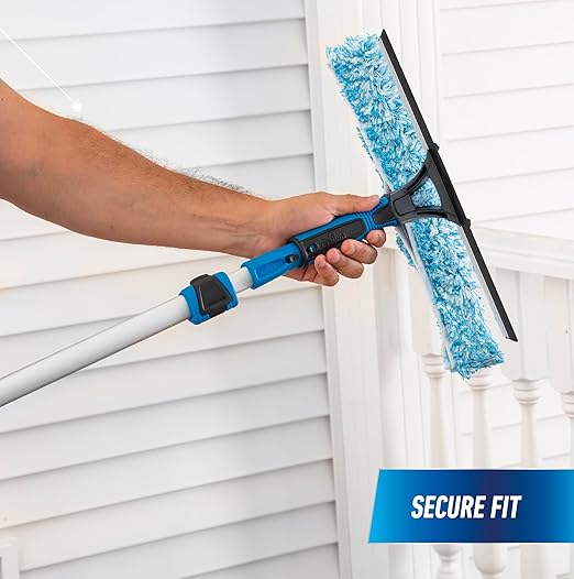 Unger Professional 2-in-1 Squeegee and Scrubber 14” Window Cleaning Tool and 8’ Connect &amp Clean Pole Essential Glass Supplies for Commercial and Residential Use Microfiber Sleeve