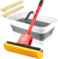 Compressed Cellulose Sponge Mop with 2 Roller swop mop Heads and 1 Bucket Suitable for Wood Ceramic Tiles and Other Flat and Smooth Floors(1 Handle with 2heads and 1 Bucket)