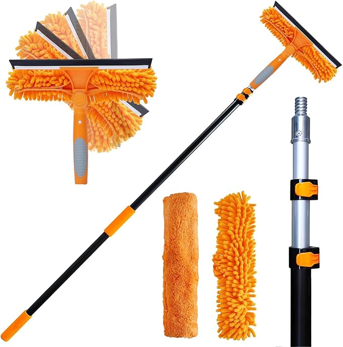 20 Ft+ Reach 2 In 1 Window Squeegee Duster with 5-to-12 Foot Extension Pole Cleaner Tool with 3-Stage Telescoping Pole Cleaning Kit with Rotatable Head - Chenille Cloth + Microfibre Cloths Head