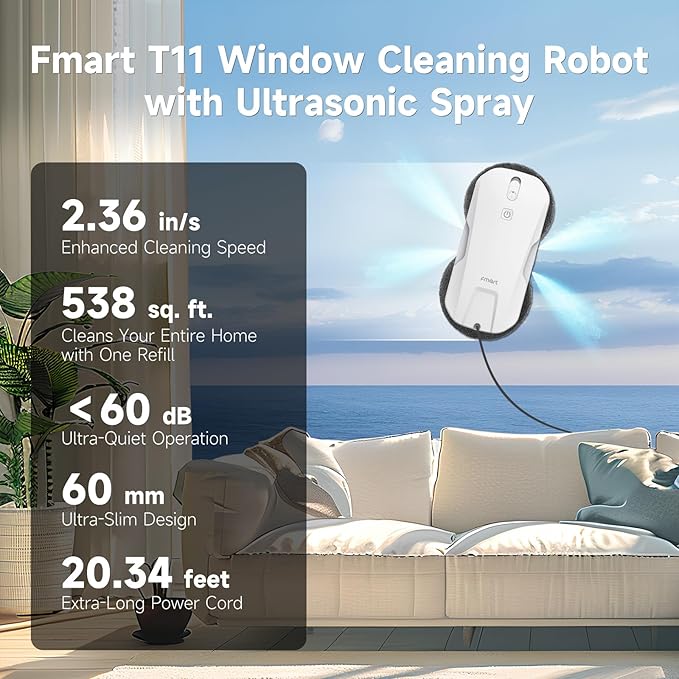 FMART T11 Window Cleaning Robot Auto 4-Way Water Spray 5300Pa Strong Suction High-Speed Cleaning &lt60dB Ultra-Quiet 60mm Slim Window Robot Smart Navigation Anti-Drop &amp 50min UPS Protectio