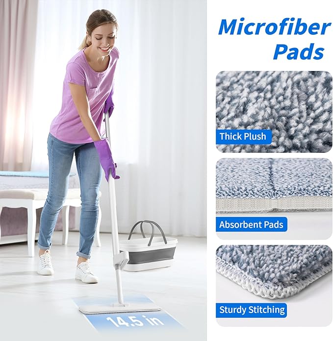 Oshang Flat Mop and Collapsible Bucket OG7 with Wheels 2 Washable Reusable Microfiber Pads Pure White