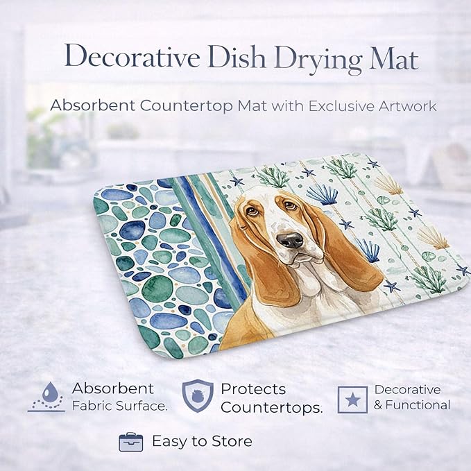 Caroline's Treasures Lemon and White Basset Hound Coastal Sea Glass Dish Drying Mat Absorbent Dish Drying Mat Pad for Kitchen Counter Dish Drainer Mat for Countertop 14 x 21 Multicolor