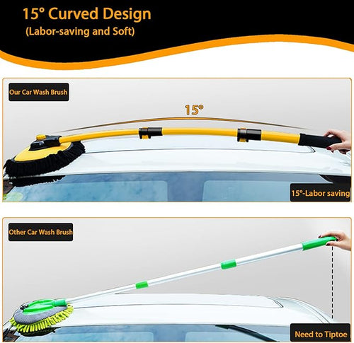 15° Curved Car Cleaning Brush with Telescopic Handle 43 Aluminum Alloy Long Rod Wash Mop For Washing Caravan Van Truck Boat RV Roof Soft Chenille Head Duster Clean Product Not Hurt Paint Scratch Free