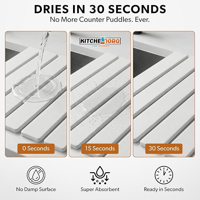 Stone Drying Mat for Kitchen Counter (White Large) - Super Absorbent 30sec Fast-Drying Diatomite Dish Mat Collapsible for Kitchen.