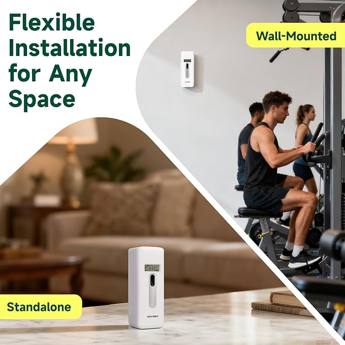 Automatic LCD Air Freshener Dispenser Wall Mount or Free Standing Programmable Spray for Bathroom Home Office Hotel Commercial Use Compatible with Glade Refills White