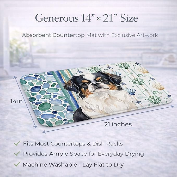 Caroline's Treasures Tricolor Japanese Chin Coastal Sea Glass Dish Drying Mat Absorbent Dish Drying Mat Pad for Kitchen Counter Dish Drainer Mat for Countertop 14 x 21 Multicolor