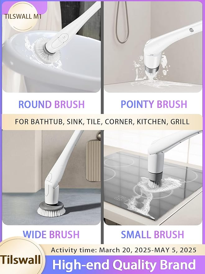 Tilswall Cordless Electric Spin Scrubber - IPX7 Waterproof Cleaning Brush with 180Min Runtime &amp 43 Extendable Handle Ideal Gift for Home/Bathroom/Car (Includes 4 Brush Heads)