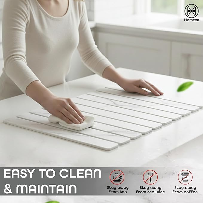 Large Stone Dish Drying Mat 24 x 16 – Quick Dry Diatomaceous Bath &amp Kitchen Mat with Non-Slip Base – Modern Absorbent Drying Pad for Plates Glassware &amp Bottles (Marbled White)