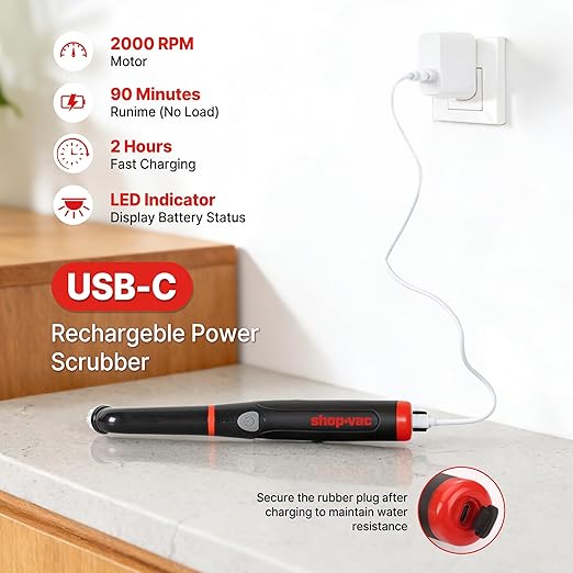 Shop-Vac Electric Spin Scrubber with 2000RPM Motor 90Min Long Runtime with 5 Replaceable Head LED Display and IPX6 Waterproof Cordless Electric Scrubber for Cleaning Grout Tile Bathroom Kitchen