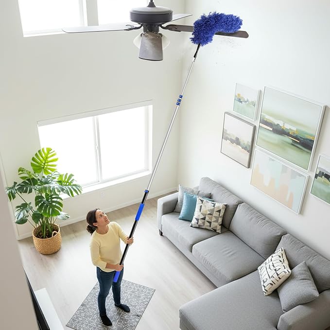 26ft High Reach Duster Kit Aluminum 5-20ft Fan &amp Window Cleaner Set Versatile Dusting Set with 5 Replaceable Heads for Cleaning Fans Windows and Hard-to-Reach Areas Outdoors Without Ladder