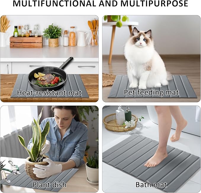 Large Stone Dish Drying Mat for Kitchen Counter 24x16 Inch - Super Absorbent Quick Dry Diatomaceous Earth with PU Leather Foldable Space Saving Stone Bath Mats for bathroom