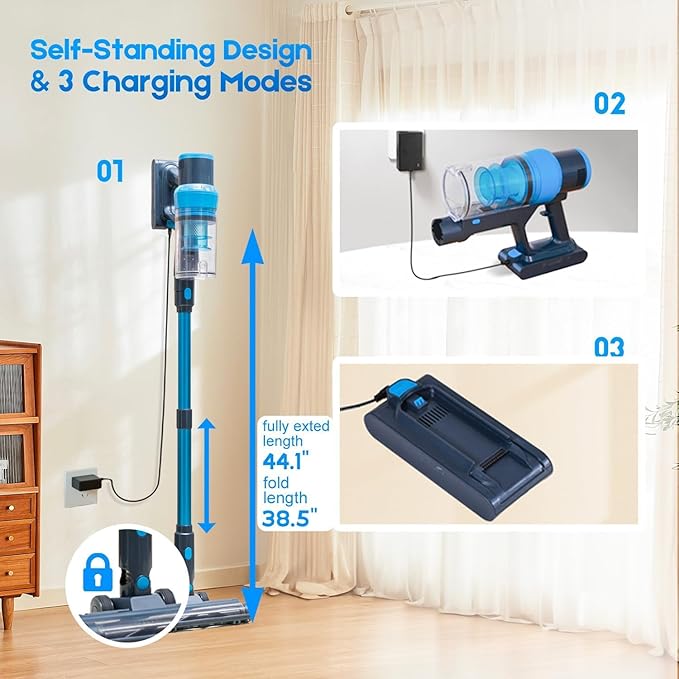 Cordless Stick Vacuum Cleaner: Max 400W &amp 48kPa Suction with 65Min Runtime Self-Standing with Green Light &amp Anti-Tangle Brush Rechargeable for Hardwood Floors Carpet and Pet Hair