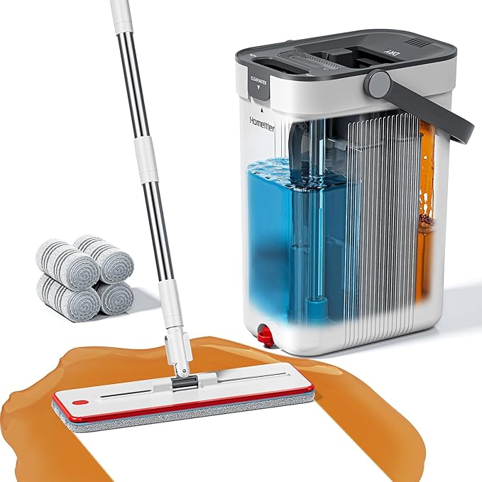 Mop and Bucket Set Flat Mop and Bucket System with Separate Dirty and Clean Water 3-Compartment Wall Cleaner Mop Flat Mops for Floor Cleaning with 4 Microfiber Pads