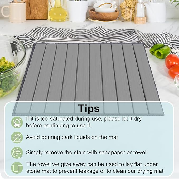 Stone Dish Drying Mat for Kitchen Counter24(L)×16(W) Collapsible Fast-Drying Diatomaceous Earth Mats with Towel Sanding ToolVersatile Stone Drying Mats for Cups Dishes Bottles