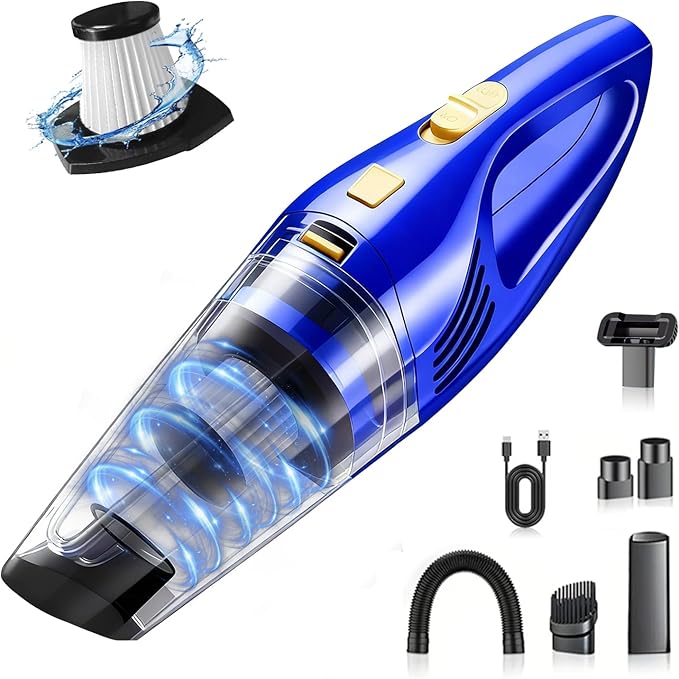 Car Vacuum Portable Cordless – 9000PA Strong Suction Lightweight &amp Rechargeable – Includes Multi-Nozzle Attachments for Car Home Office and Pet Hair – Compact &amp Powerful Azure Vacuum