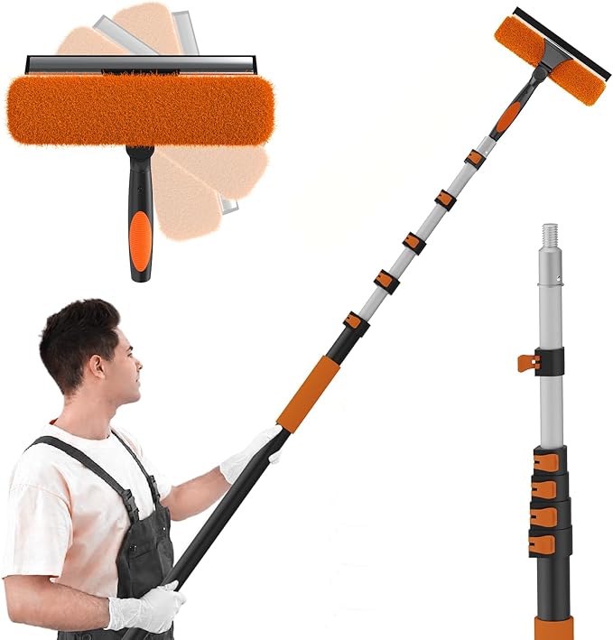 30FT Reach 2-in-1 Window Squeegee Professional Window Washing Kit with 5-24FT Extension Pole for Home Indoor Outdoor Squeegee with Rotatable Head for High Windows