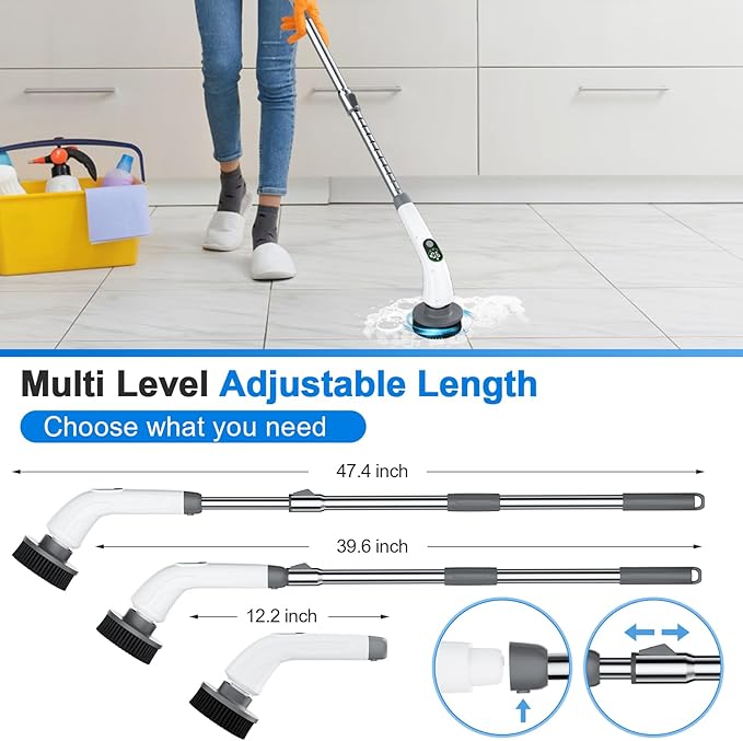 Electric Spin Scrubber 550 RPM Cordless Home Cleaning Brush with Extended Handle 3 Speeds 8 Replacement Heads IPX7 Waterproof LCD Display – Power Shower Scrubber for Bathroom Tub Floor Tile