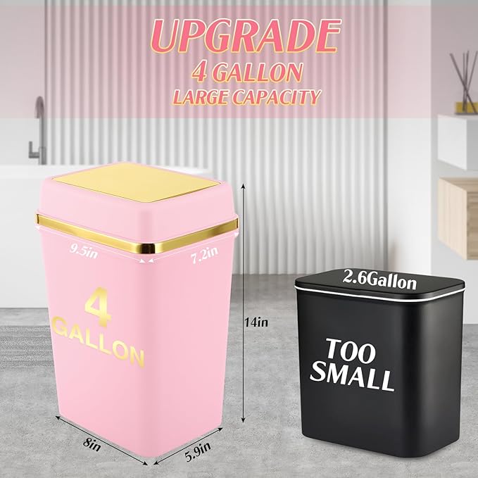 Bathroom Trash Can with Lid 4 Gallon Small Trash Can with Swing Lid White/Pink/Green Bathroom Garbage Can with 225 Counts Trash Bags for Kitchen Bedroom Office
