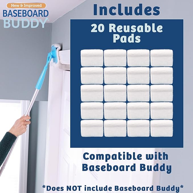 Baseboard Buddy 20-Pack Replacement Pads | Reusable Cleaning Pads for Wet &amp Dry Use | Trap Dust Dirt &amp Pet Hair | Mop Pad Refills for Baseboards Trim Molding &amp More