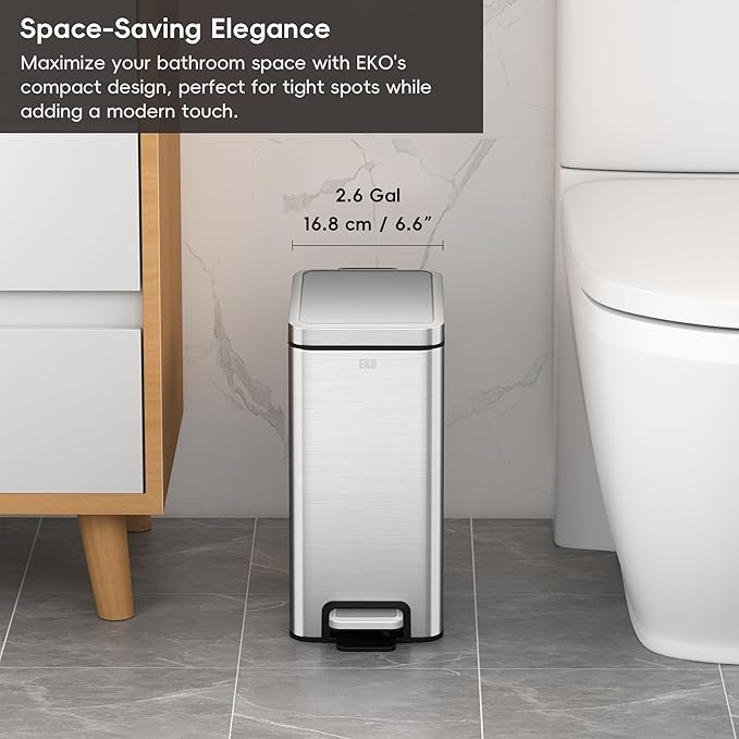 EKO Small Bathroom Trash Can with Lid Soft Close Step Pedal 10 Liter / 2.6 Gallon Stainless Steel Garbage Can with Removable Inner Bucket Anti-Fingerprint Finish (Silver)