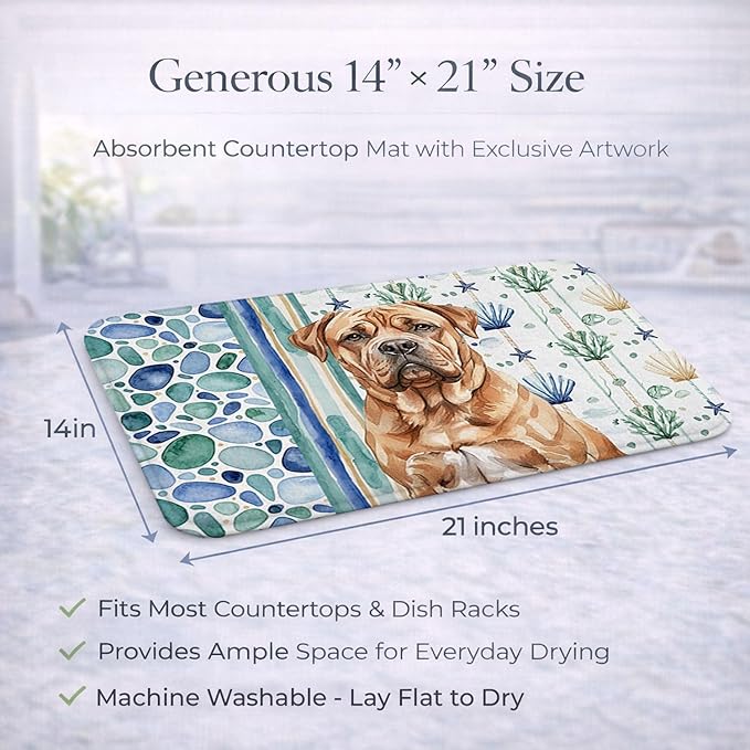 Caroline's Treasures Dogue de Bordeaux Coastal Sea Glass Dish Drying Mat Absorbent Dish Drying Mat Pad for Kitchen Counter Dish Drainer Mat for Countertop 14 x 21 Multicolor