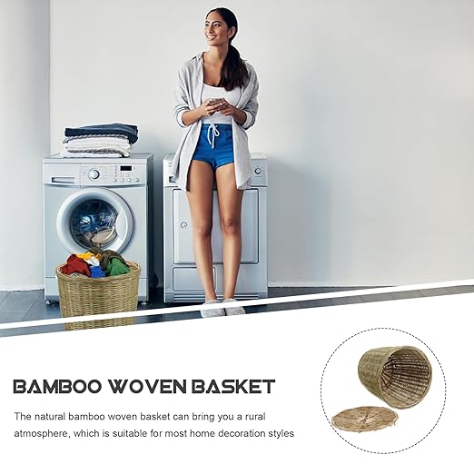 Rattan Waste Basket with Lid - Round Wicker Trash Can Garbage Container Bin Laundry Basket Flower Pots Woven Storage for Home Office