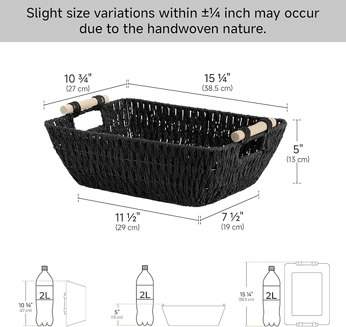 StorageWorks Large Wicker Storage Basket for Organizing with Wooden Handles Toilet Paper Baskets for Shelf Black 2-Pack