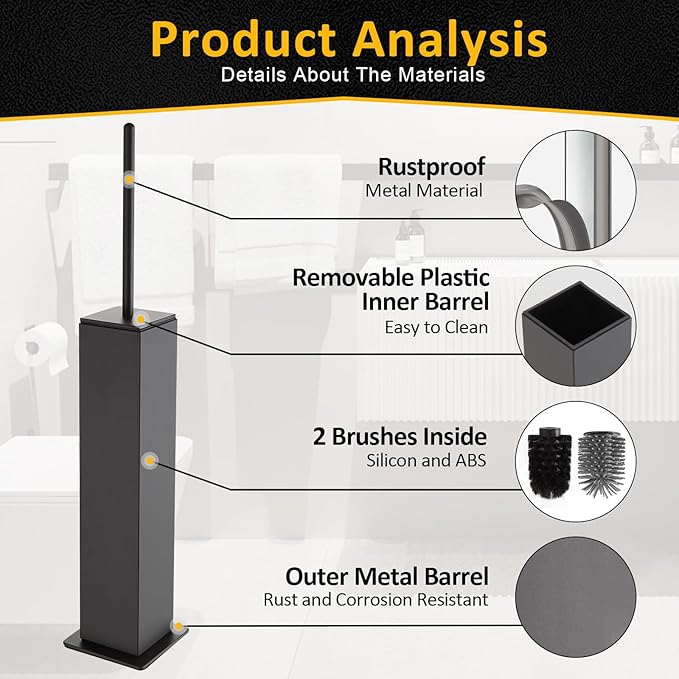 Toilet Brush and Holder Floor Standing Gun Gray with 2 Replaceable Heads Bathroom Toilet Brush Freestanding Toilet Bowl Brush with Removable Liner and Splash Guard Modern Square Design