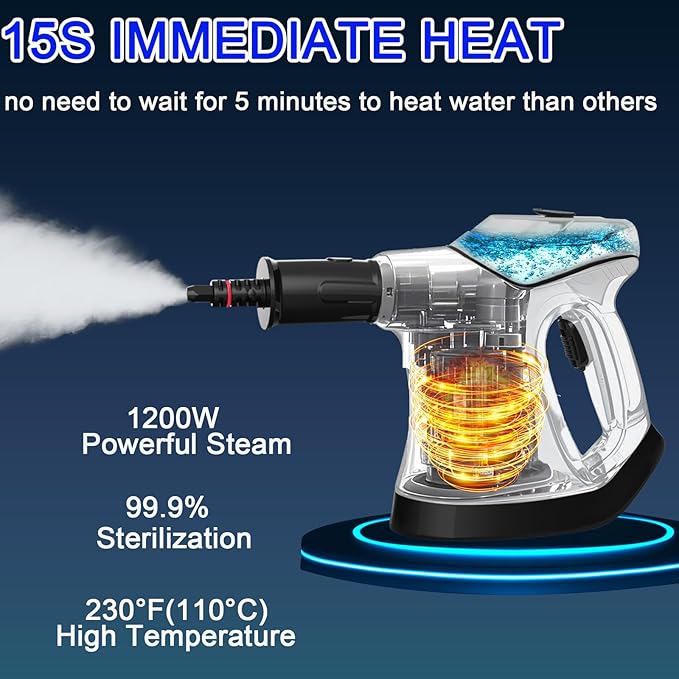 Handheld Steam Cleaner for Home 10S Immediate Heat Hand Held Steam Cleaner with Visualized Large Water Tank &amp 9 PCS Accessories &amp Safety Lock for KitchenCouchFloorWindowCar (WHITE+BLACK