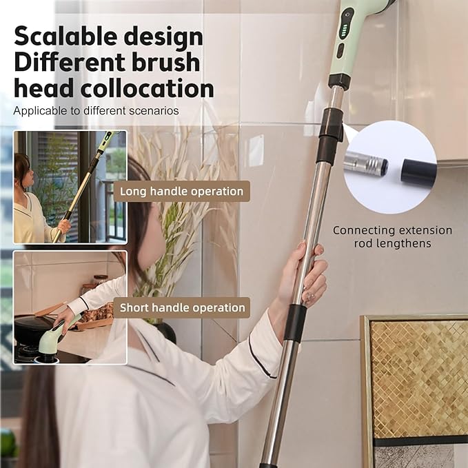 Cordless Electric Spin Scrubber 9 Replacement Cleaning Heads IPX6 Dual Cleaning Brush with Extension Arm for Bathroom Bathtub Grout Tile Floor (6