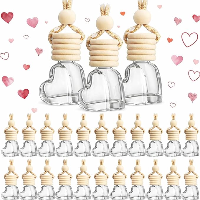 50 Pcs 6ml Hanging Car Air Diffuser Bottle Empty Glass Perfume Air Freshener Heart Love Bottle Diffuser Pendant Valentine's Day Essential Oil Fragrance Aromatherapy Ornament (Clear)