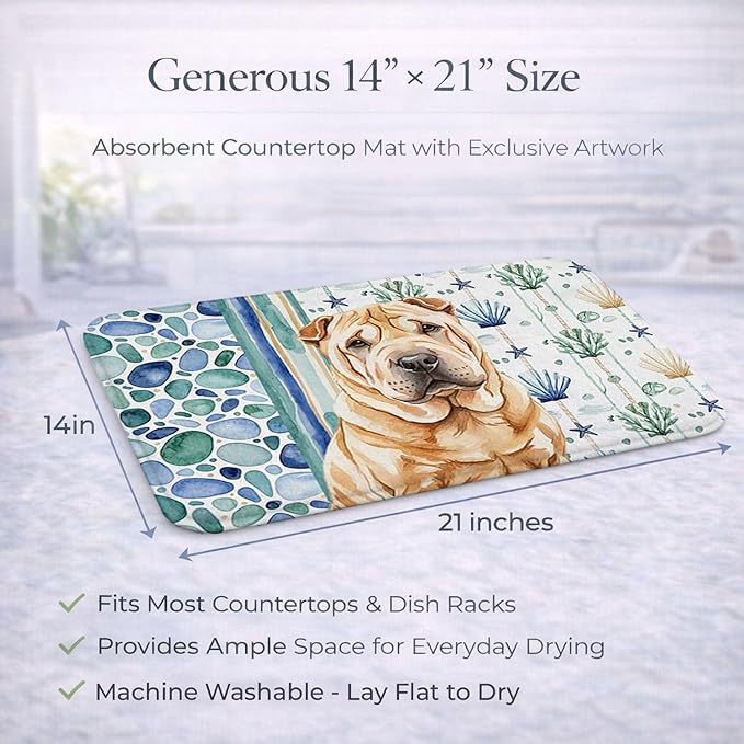Caroline's Treasures Red Shar Pei Coastal Sea Glass Dish Drying Mat Absorbent Dish Drying Mat Pad for Kitchen Counter Dish Drainer Mat for Countertop 14 x 21 Multicolor