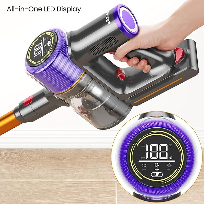Cordless Vacuum Cleaner 650 W/55000 Pa/70 Mins Vacuum Cleaners for Homewith Touchscreen and Anti-Tangle Brush Vacuum Cleaner 1.5 L Dust Container 9-in-1 for Hard Floors Carpets and Pet Hair